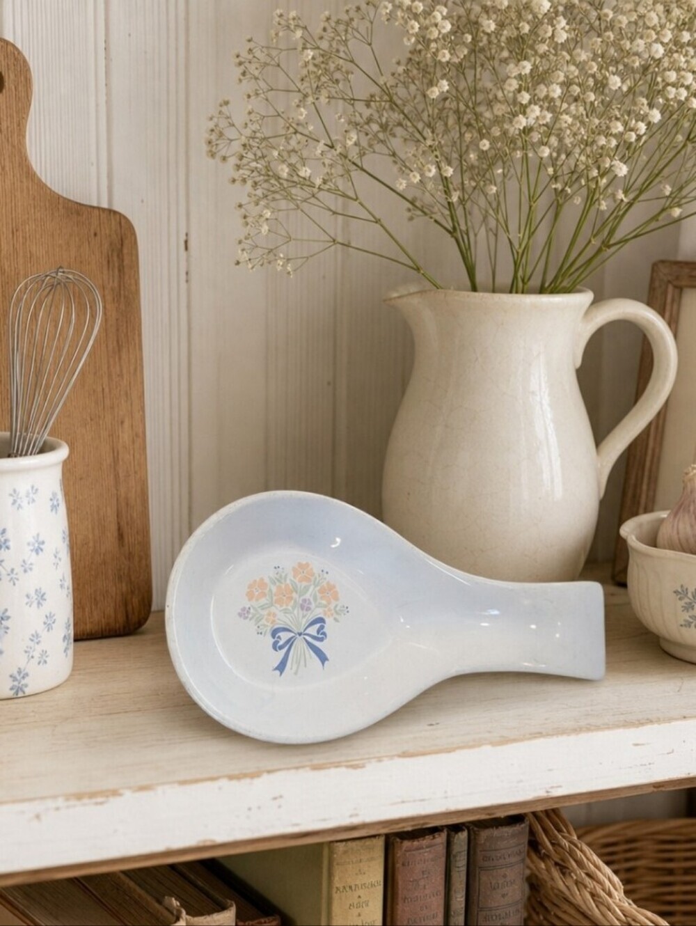 Retro Cottagecore Melamine Spoon Rest Floral Print White Blue Ribbon
